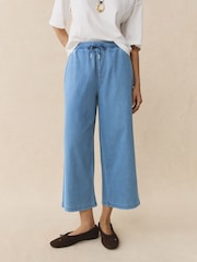 Mid Blue Striped Denim Jersey Wide Leg Cropped Joggers - Image 3 of 7