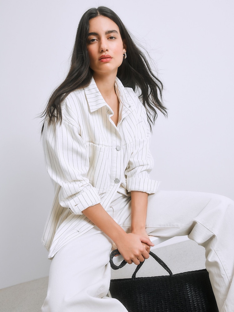 White Stripe Denim Boyfriend Oversized Shirt - Image 1 of 6
