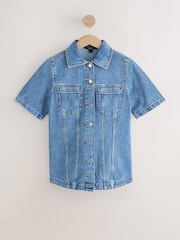 орто көк Denim - Кыска жеңдүү топ - 4ичинен 1 сүрөт