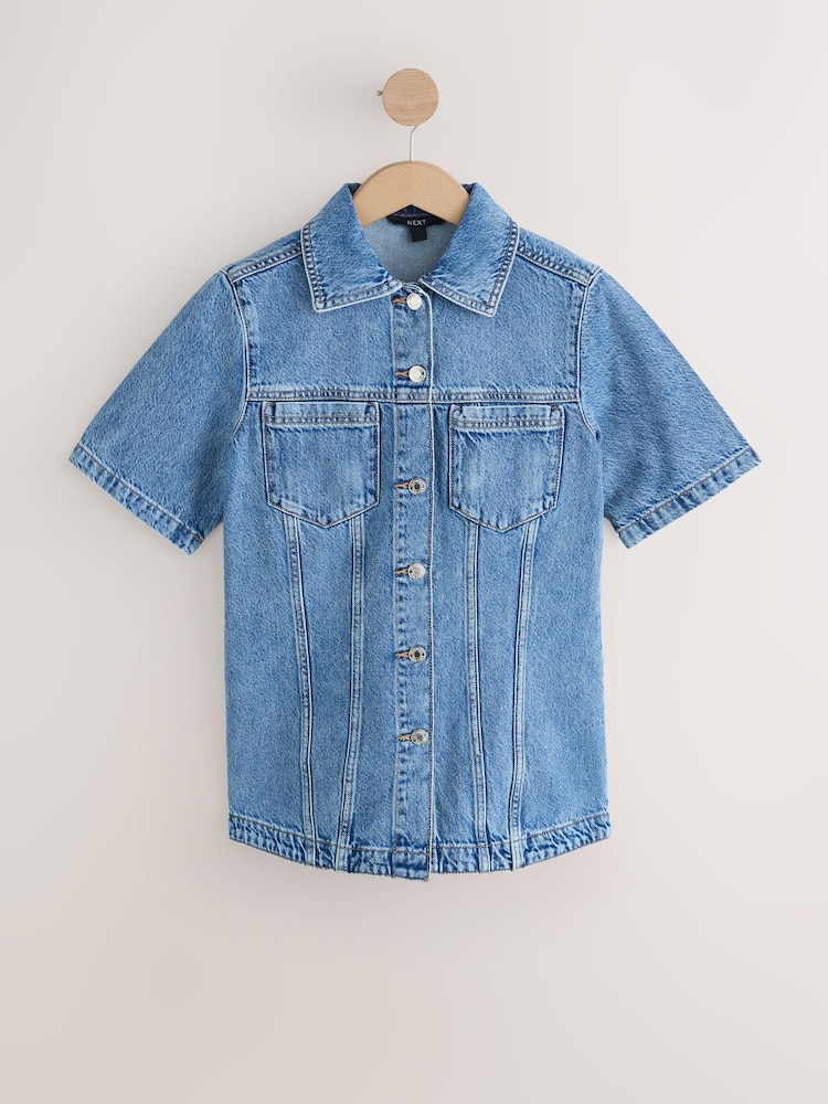 орто көк Denim - Кыска жеңдүү топ - 4ичинен 1 сүрөт