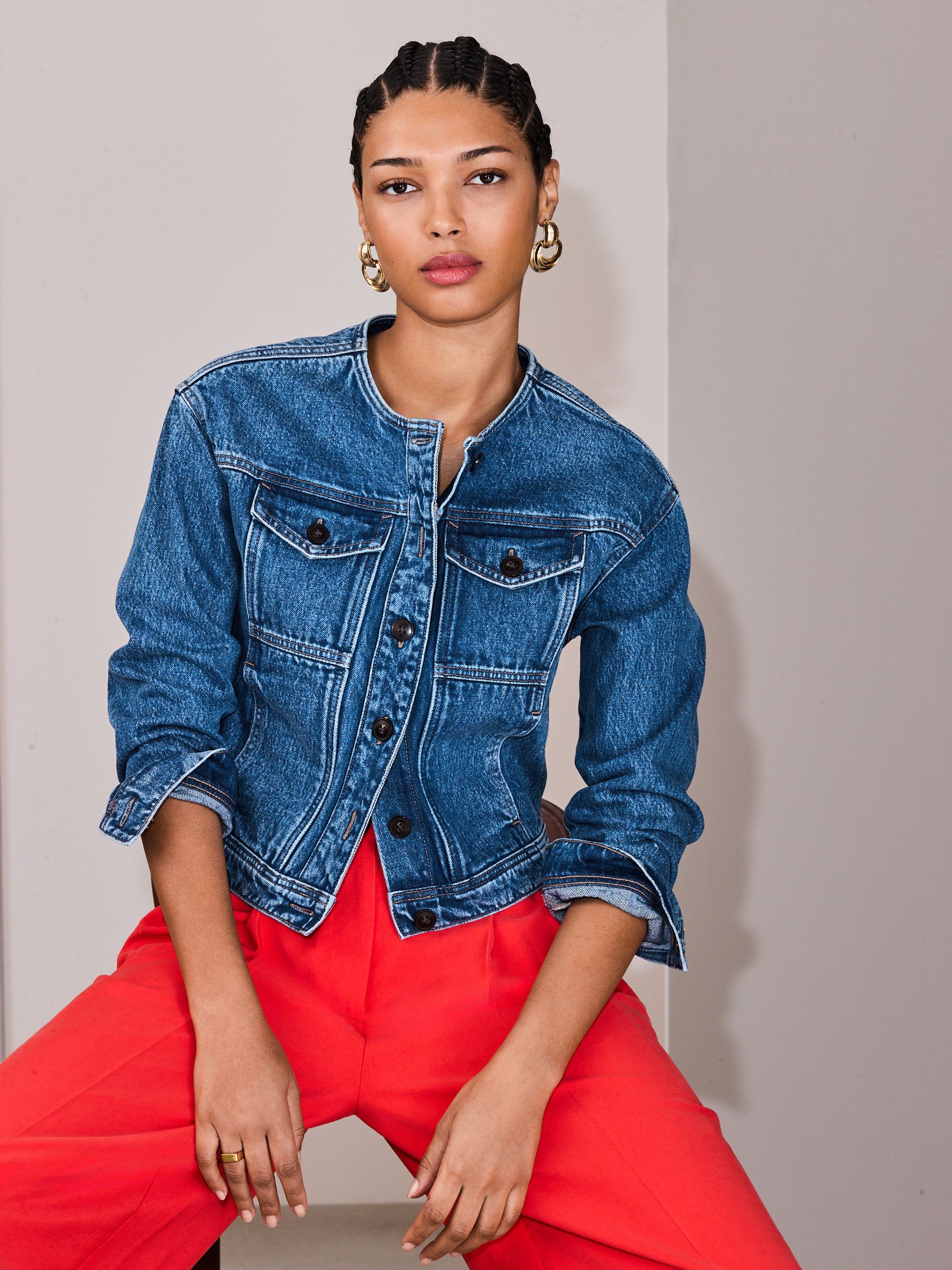 Denim Dark Blue Collarless Denim Jacket