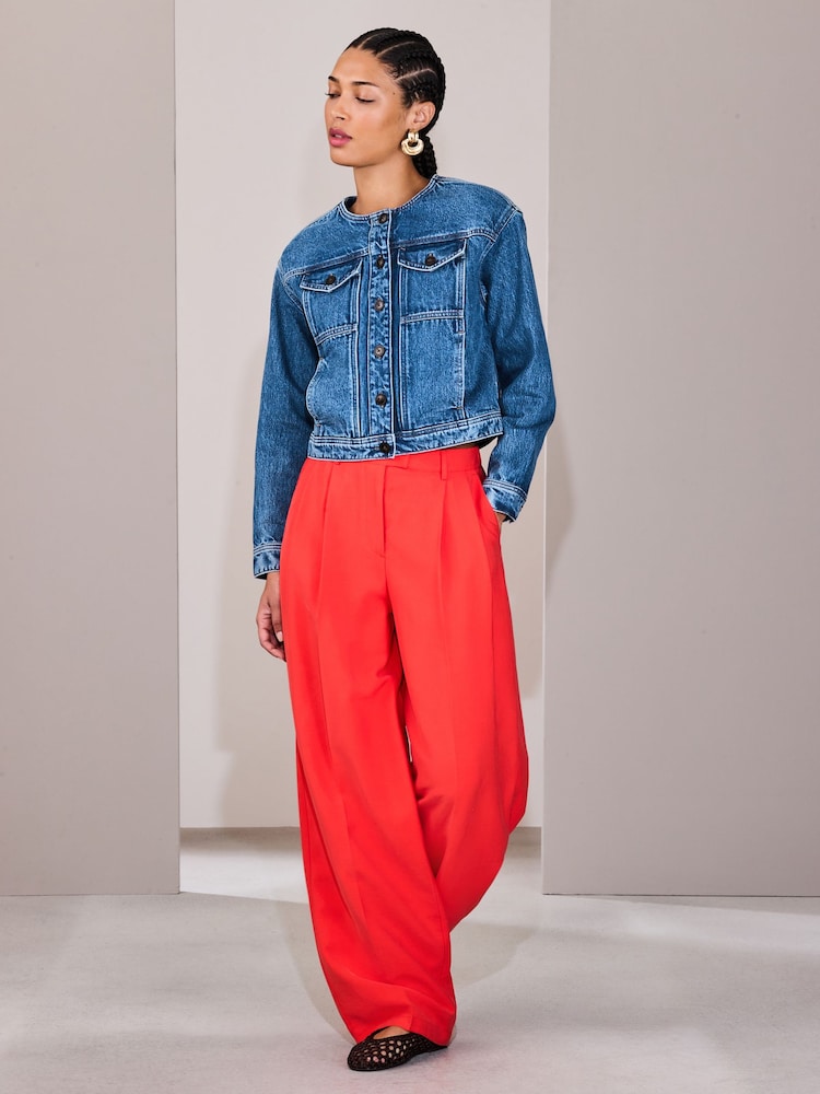 Denim Dark Blue Collarless Denim Jacket - Image 2 of 8