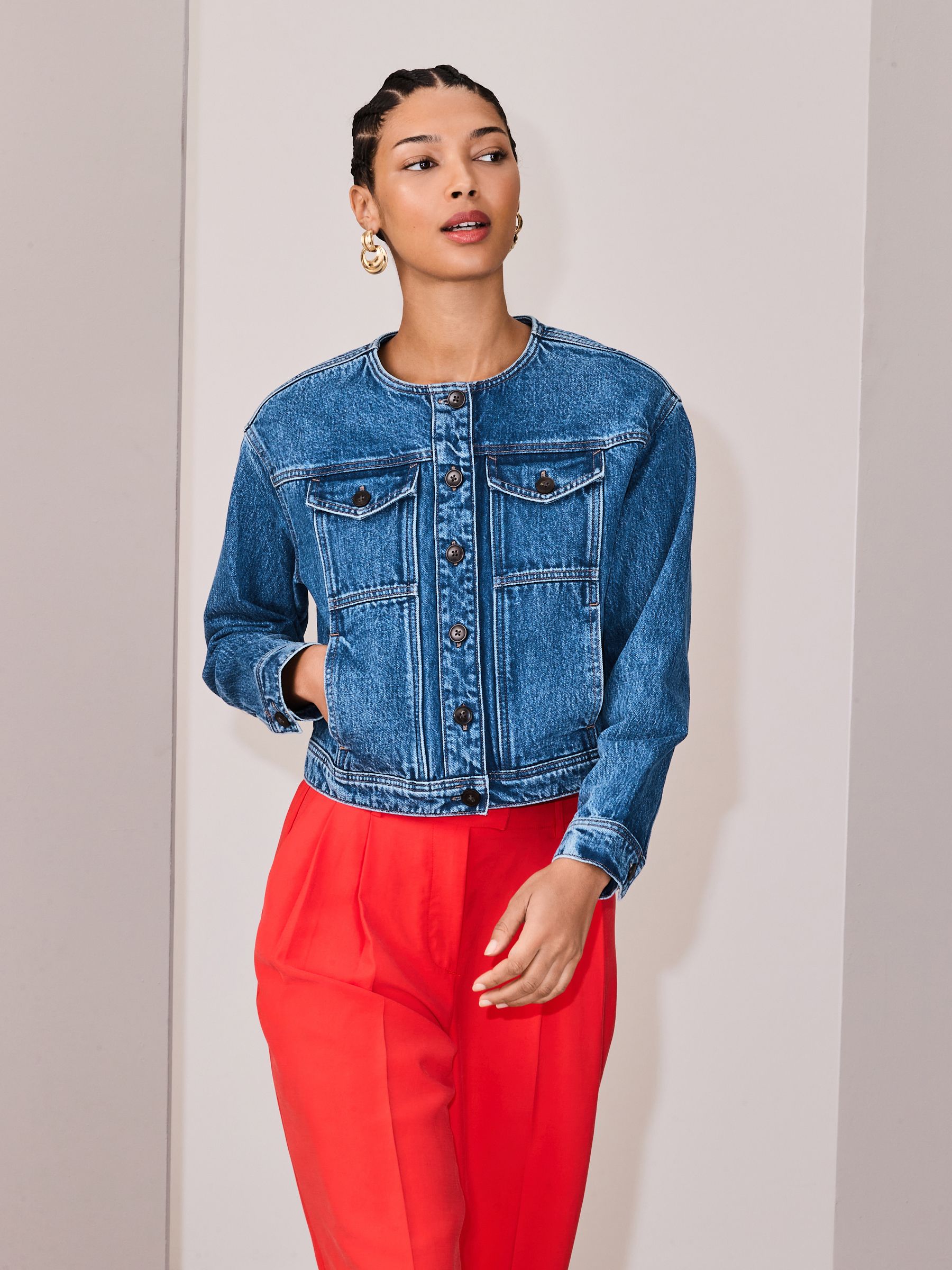 Buy Dark Blue Collarless Denim Jacket from Next USA