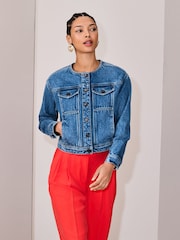 Denim Dark Blue Collarless Denim Jacket - Image 3 of 8