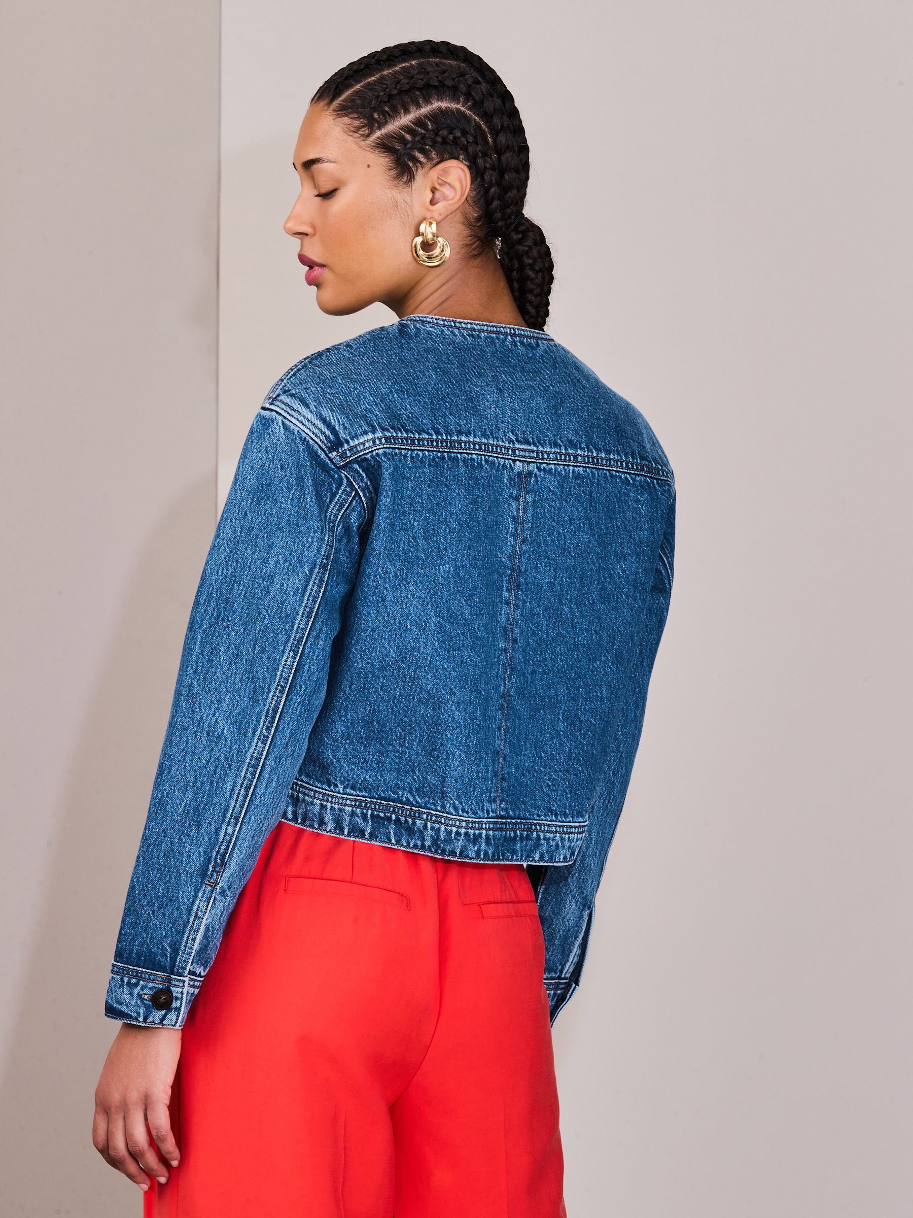 Buy Dark Blue Collarless Denim Jacket from Next USA