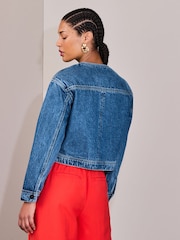 Denim Dark Blue Collarless Denim Jacket - Image 4 of 8