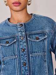 Denim Dark Blue Collarless Denim Jacket - Image 5 of 8