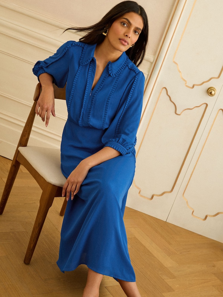 cobalt blue shirt dress Womens Love & Roses Cobalt Blue Zip Collar Ruffle Trim Shirt Midi Dress US 18