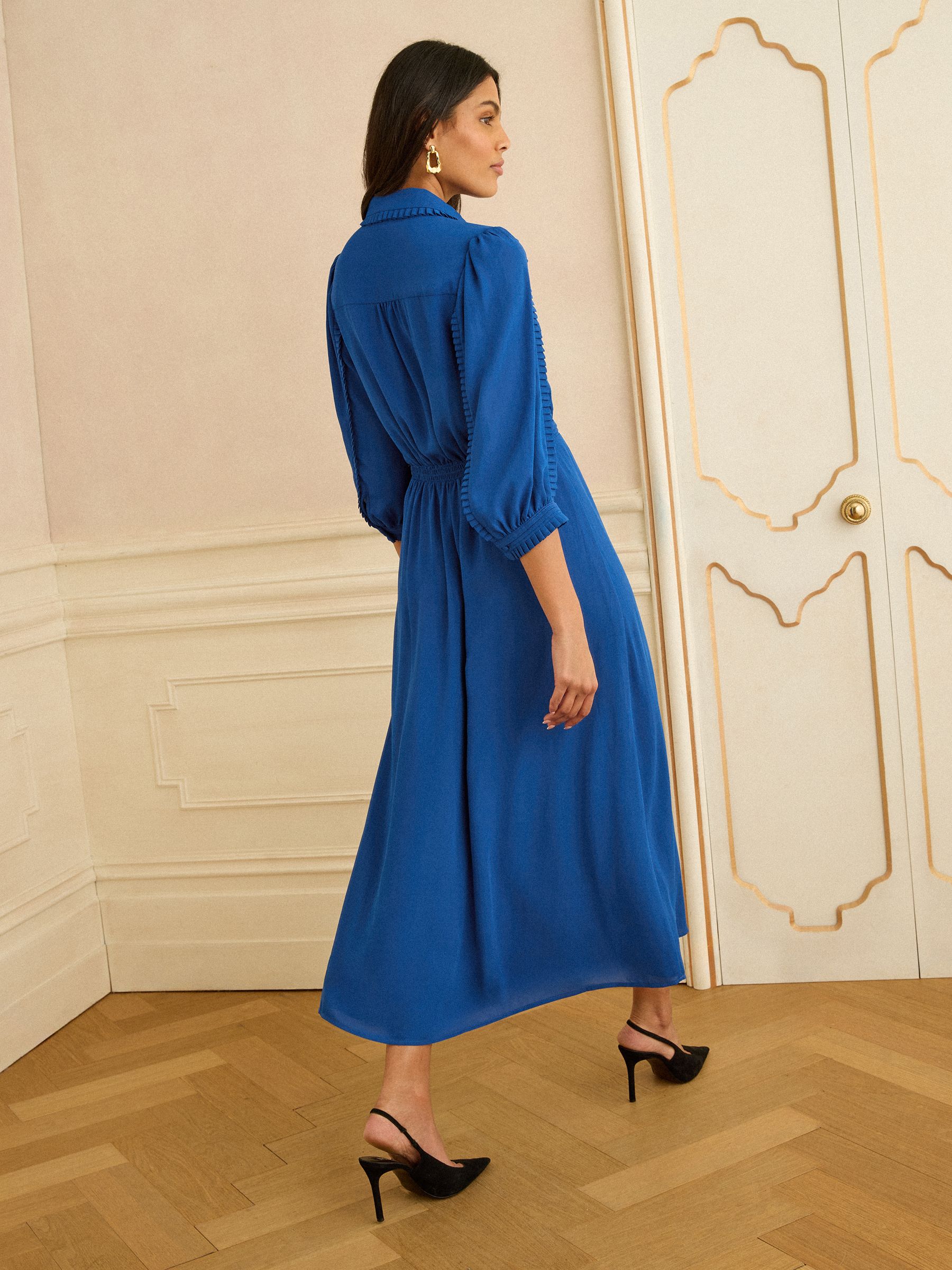 Buy Love & Roses Cobalt Blue Zip Collar Ruffle Trim Shirt Midi