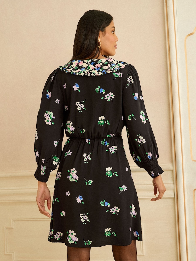 Love & Roses Black Floral Patch Print Oversized Collar Tie Front Mini Dress - Image 4 of 4 Love & Roses Black Floral Patch Print Oversized Collar Tie Front Mini Dress - Image 4 of 4
