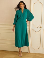 Love & Roses Bright Green Pleated Detail Midi Dress - Image 1 of 4
