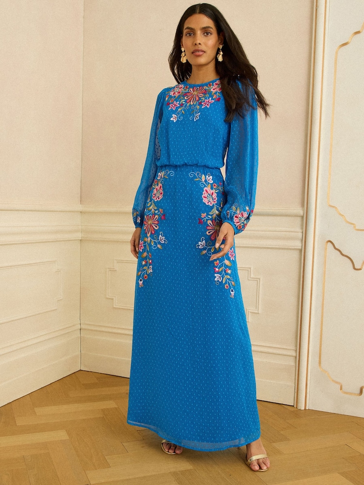 Love & Roses Cobalt Blue Floral Embroidered Crew Neck Maxi Dress - Image 1 of 4