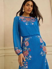 Love & Roses Cobalt Blue Floral Embroidered Crew Neck Maxi Dress - Image 2 of 4