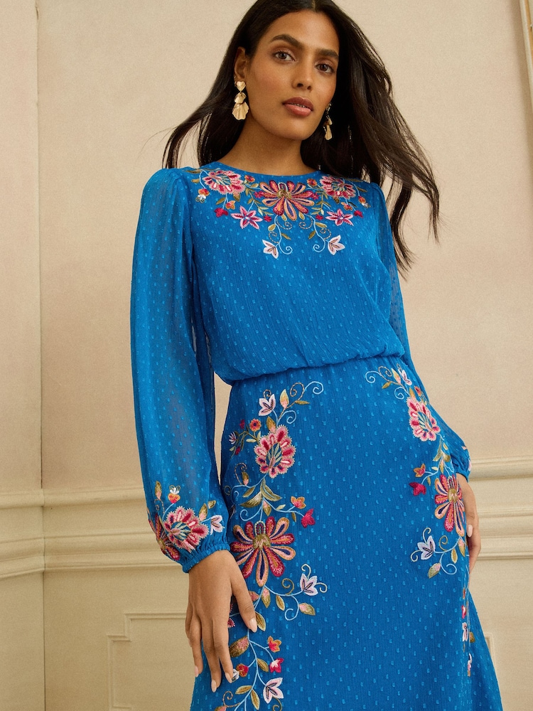 Love & Roses Cobalt Blue Floral Embroidered Crew Neck Maxi Dress - Image 2 of 4
