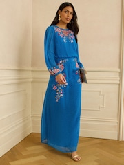 Love & Roses Cobalt Blue Floral Embroidered Crew Neck Maxi Dress - Image 3 of 4