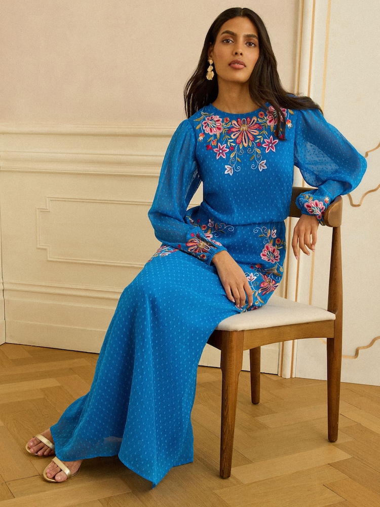 Love & Roses Cobalt Blue Floral Embroidered Crew Neck Maxi Dress - Image 4 of 4