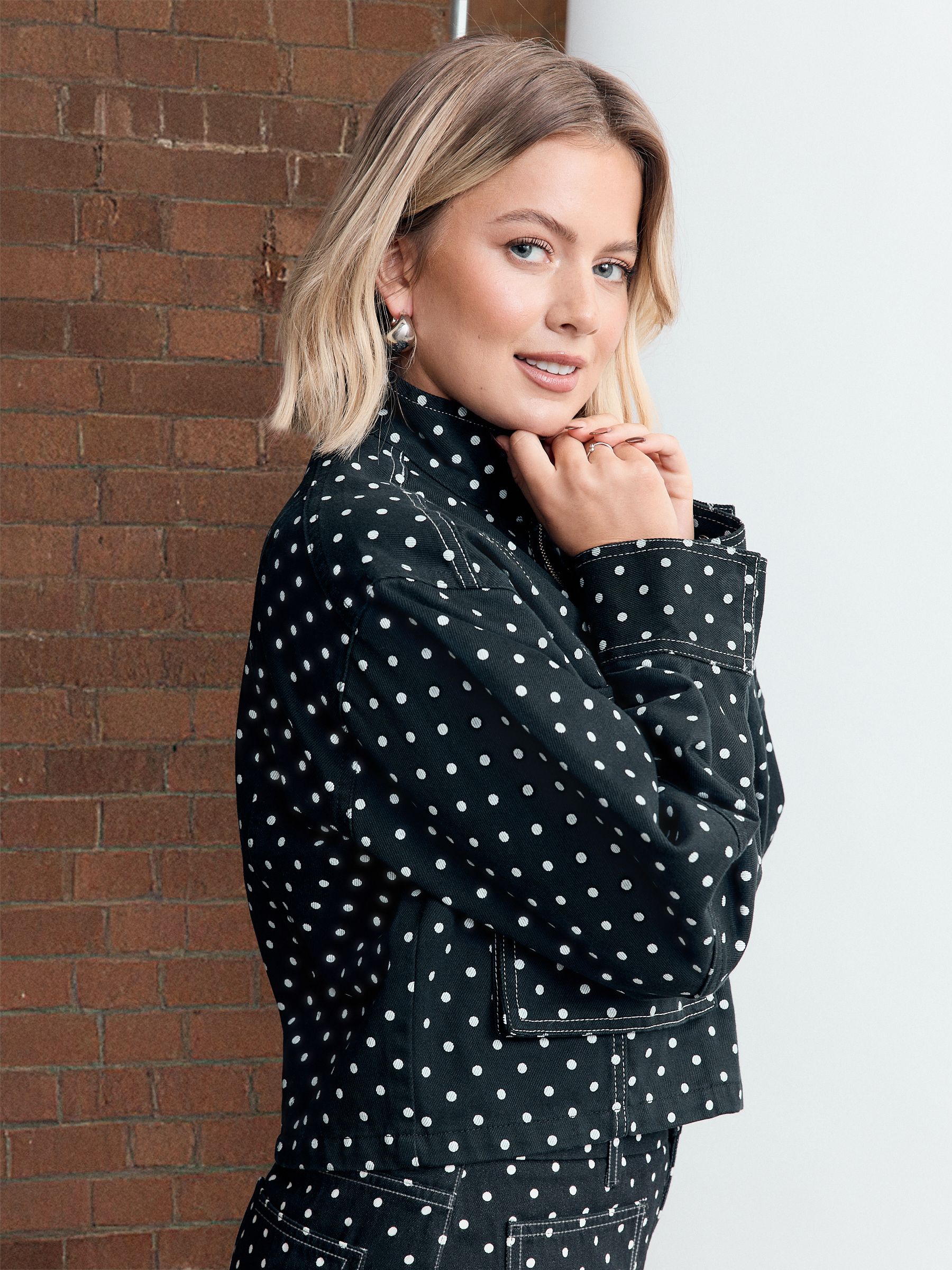 Buy Black/White Polka Dot Funnel Neck Zip Through Boxy Denim