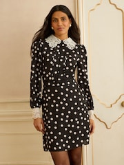 Melns punktiņojums - Love & Roses mini kleita ar mežģīņu apkakli - Attēls 1 no 4