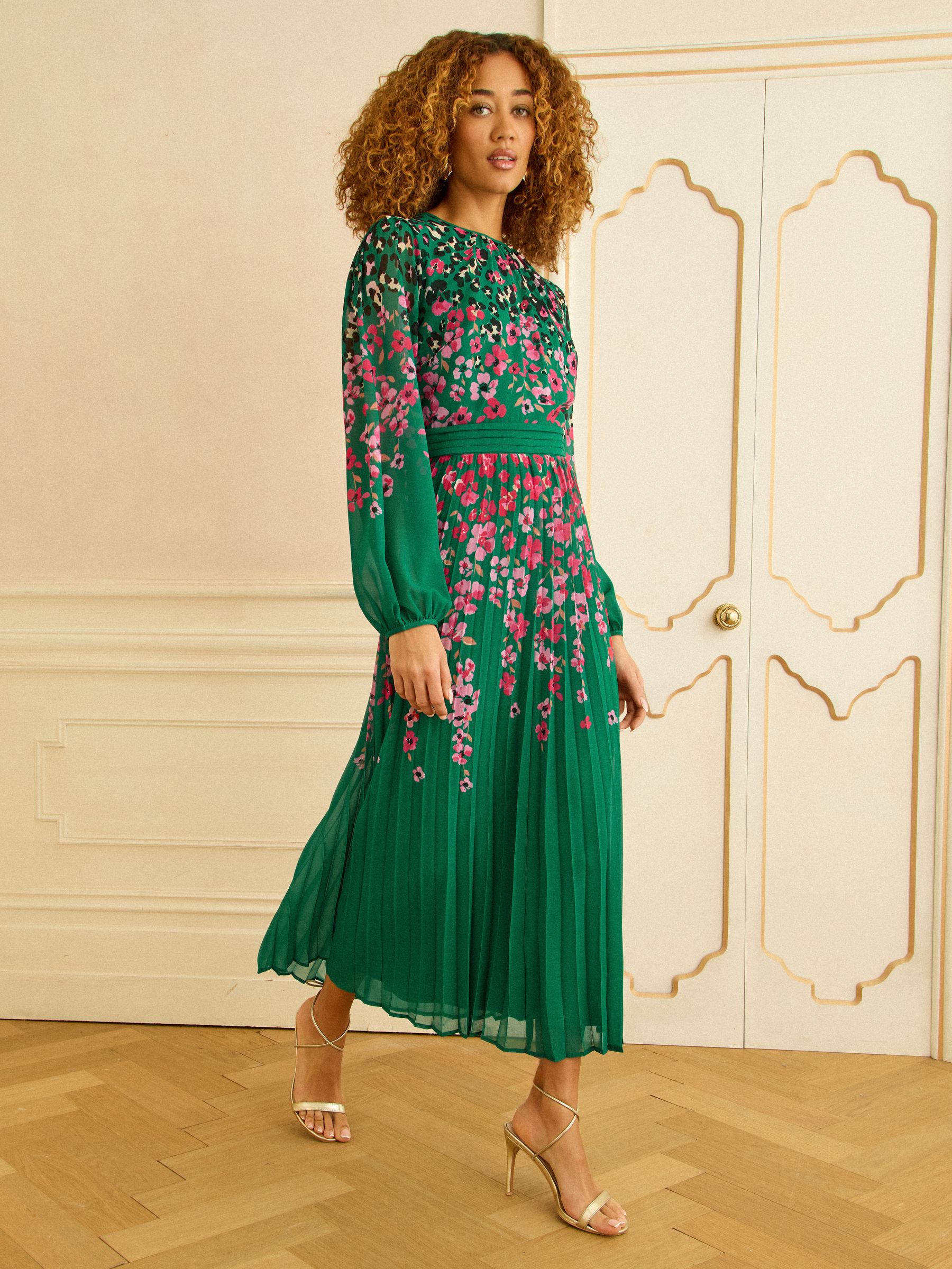Buy Love & Roses Green Pink Animal Floral Chiffon Pleated Maxi