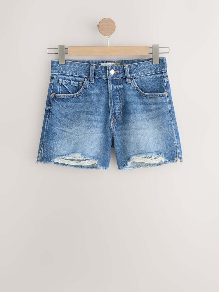 Mid Blue Raw Hem Festival Denim Shorts - Image 1 of 6