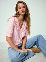 Pink Doublecloth V-Neck Ruffle Front Blouse - Image 1 of 3