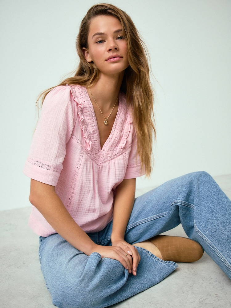 Pink Doublecloth V-Neck Ruffle Front Blouse - Image 1 of 3 Pink Doublecloth V-Neck Ruffle Front Blouse - Image 1 of 3