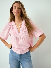 Pink Doublecloth V-Neck Ruffle Front Blouse - Image 2 of 3