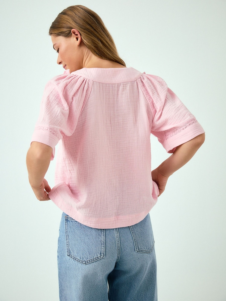 Pink Doublecloth V-Neck Ruffle Front Blouse - Image 3 of 3 Pink Doublecloth V-Neck Ruffle Front Blouse - Image 3 of 3
