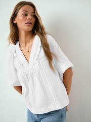 White Doublecloth V-Neck Ruffle Front Blouse - Image 1 of 4