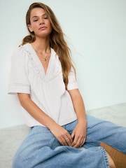 White Doublecloth V-Neck Ruffle Front Blouse - Image 2 of 4