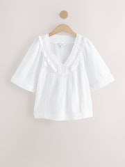 White Cheesecloth V-Neck Ruffle Front Blouse - Image 5 of 7