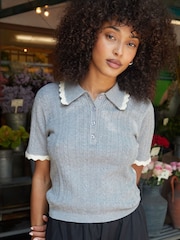 Threadbare Grey Pointelle Knit Scalloped Polo Collar Top - Image 1 of 4
