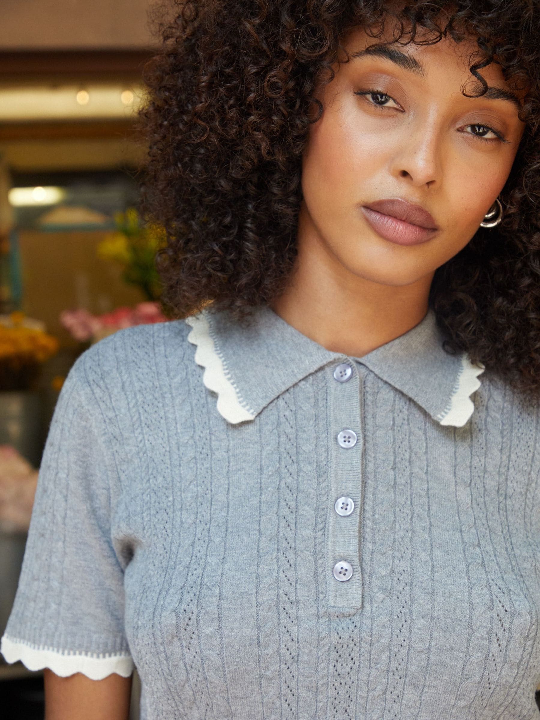 Buy Threadbare Grey Pointelle Knit Scalloped Polo Collar Top from