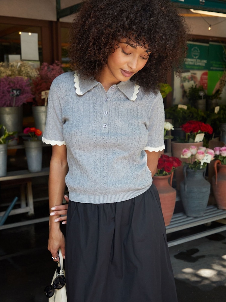 Threadbare Grey Pointelle Knit Scalloped Polo Collar Top - Image 4 of 4