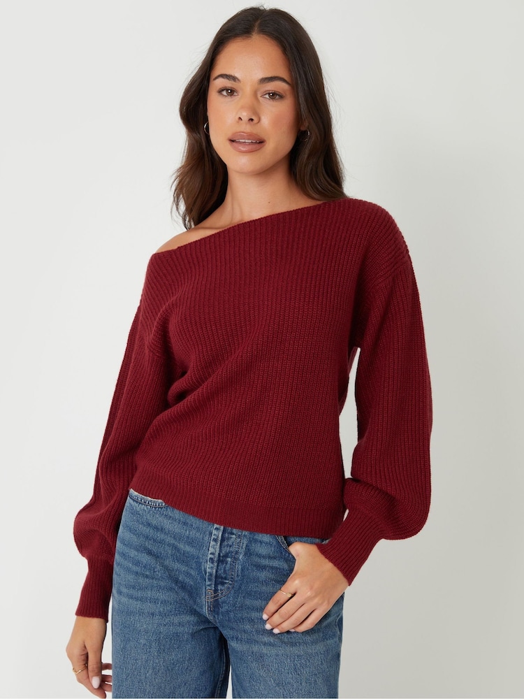 Threadbare Red Slash Neck Chunky Knit Jumper - Image 1 of 4 Threadbare Red Slash Neck Chunky Knit Jumper - Image 1 of 4