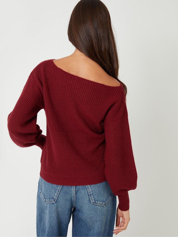 Threadbare Red Slash Neck Chunky Knit Jumper - Image 2 of 4 Threadbare Red Slash Neck Chunky Knit Jumper - Image 2 of 4