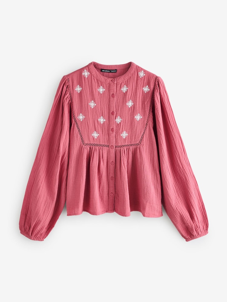 Threadbare Pink Crinkle Texture Cotton Embroidered Button-Up Blouse - Image 1 of 1 Threadbare Pink Crinkle Texture Cotton Embroidered Button-Up Blouse - Image 1 of 1