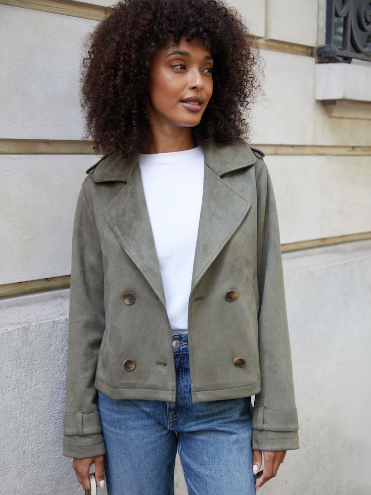 Threadbare Green Suedette Cropped Trench Coat - Image 1 of 4 Threadbare Green Suedette Cropped Trench Coat - Image 1 of 4