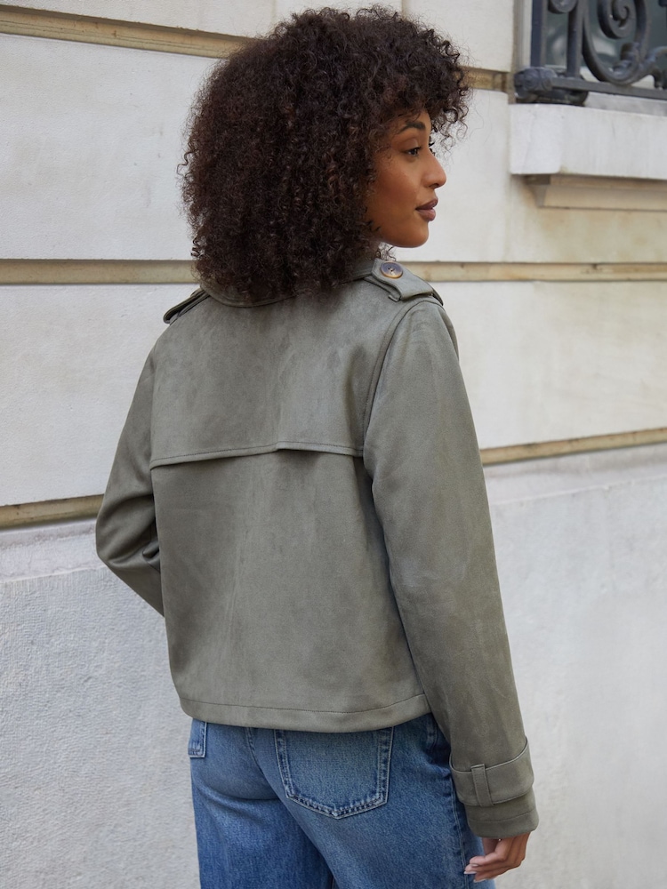 Threadbare Green Suedette Cropped Trench Coat - Image 2 of 4 Threadbare Green Suedette Cropped Trench Coat - Image 2 of 4