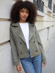Threadbare Green Suedette Cropped Trench Coat - Image 3 of 4