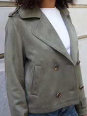 Threadbare Green Suedette Cropped Trench Coat - Image 4 of 4