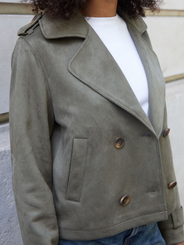 Threadbare Green Suedette Cropped Trench Coat - Image 4 of 4 Threadbare Green Suedette Cropped Trench Coat - Image 4 of 4