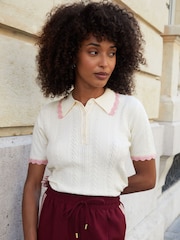 Threadbare Cream Pointelle Knit Scalloped Polo Collar Top - Image 1 of 4
