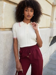 Threadbare Cream Pointelle Knit Scalloped Polo Collar Top - Image 3 of 4