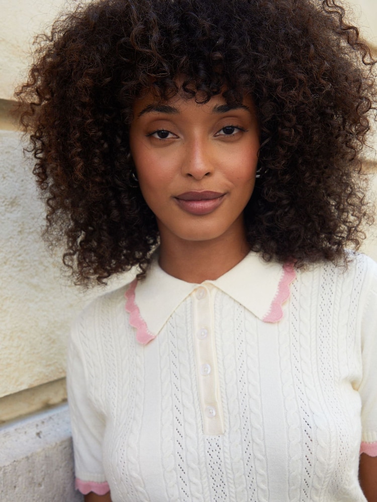 Threadbare Cream Pointelle Knit Scalloped Polo Collar Top - Image 4 of 4