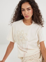 River Island Cream Crochet Diamante Trim T-Shirt - Image 1 of 3