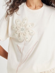 River Island Cream Crochet Diamante Trim T-Shirt - Image 3 of 3