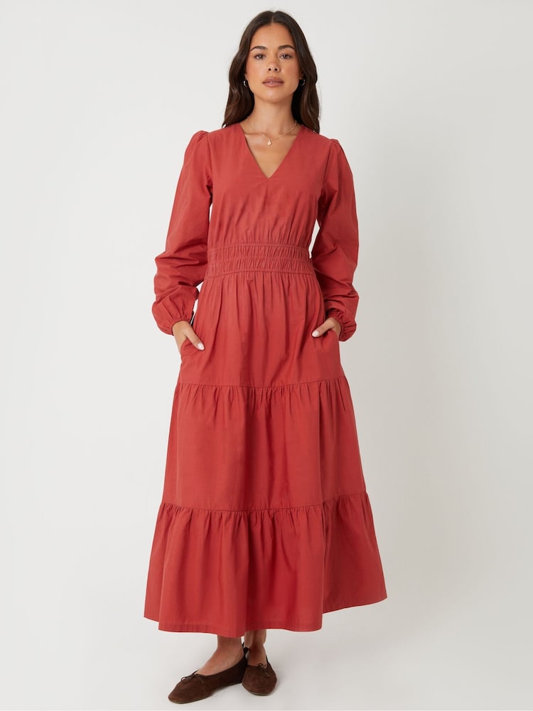 Threadbare Orange Shirred Waist Long Sleeve Poplin Midaxi Dress - Image 1 of 4 Threadbare Orange Shirred Waist Long Sleeve Poplin Midaxi Dress - Image 1 of 4