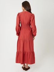 Threadbare Orange Shirred Waist Long Sleeve Poplin Midaxi Dress - Image 2 of 4