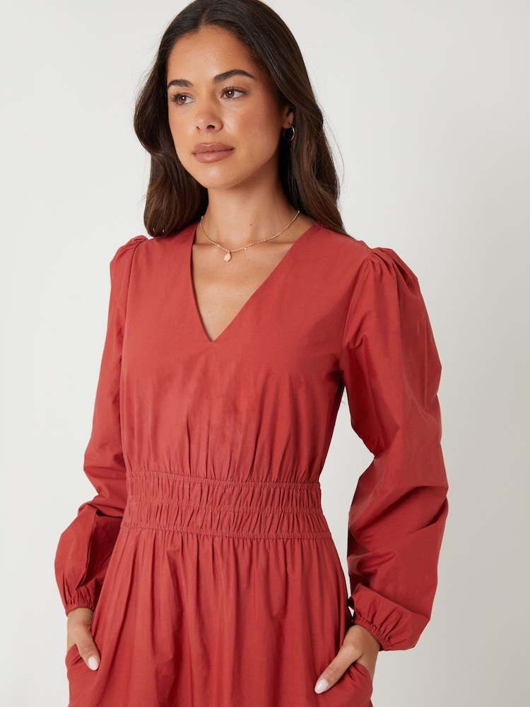 Threadbare Orange Shirred Waist Long Sleeve Poplin Midaxi Dress - Image 4 of 4 Threadbare Orange Shirred Waist Long Sleeve Poplin Midaxi Dress - Image 4 of 4